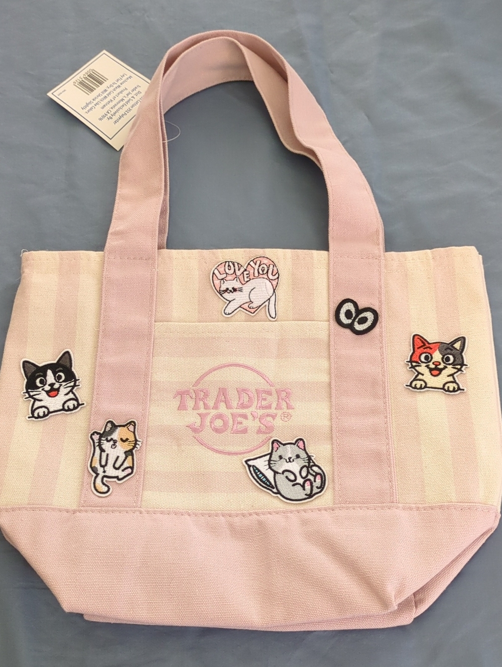 Trader Joe's Pink Mini Tote Bag with Cat Patch Accents with zipper